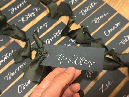 Forest Satin Wedding Place Cards with Ribbon | Dark Green Calligraphy Place Cards