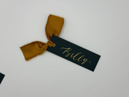 FOREST + GOLD Satin Ribbon Calligraphy Place Name Card | Calligraphy Wedding Place Name Card | Gold or Silver Eyelet