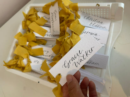 HAMMERED White + LEMON Yellow Chiffon Ribbon Calligraphy Place Name Card | Calligraphy Wedding Place Name Card | Gold or Silver Eyelet Place Card