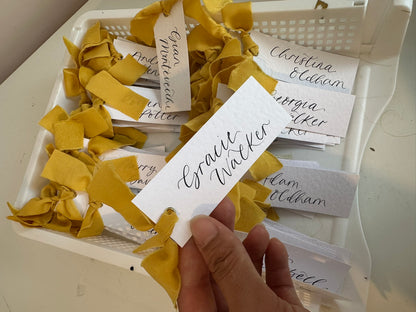 HAMMERED White + LEMON Yellow Chiffon Ribbon Calligraphy Place Name Card | Calligraphy Wedding Place Name Card | Gold or Silver Eyelet Place Card