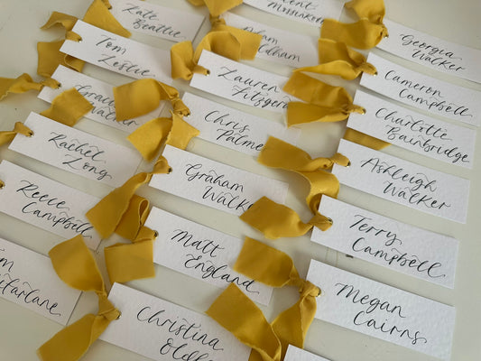 HAMMERED White + LEMON Yellow Chiffon Ribbon Calligraphy Place Name Card | Calligraphy Wedding Place Name Card | Gold or Silver Eyelet Place Card