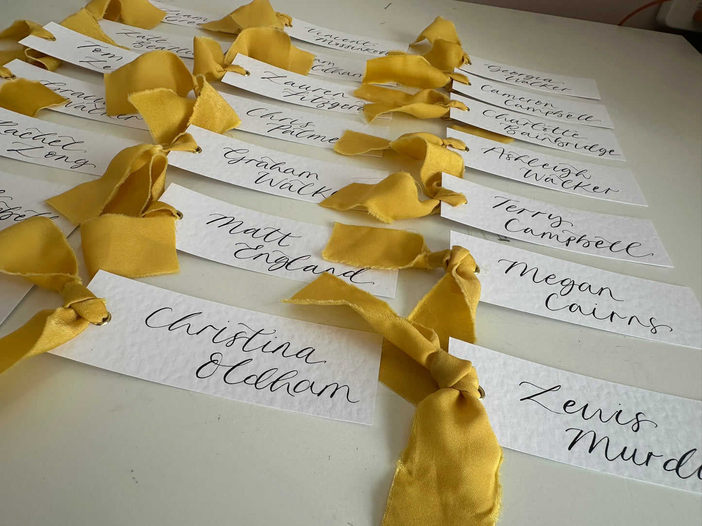 HAMMERED White + LEMON Yellow Chiffon Ribbon Calligraphy Place Name Card | Calligraphy Wedding Place Name Card | Gold or Silver Eyelet Place Card