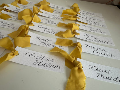 HAMMERED White + LEMON Yellow Chiffon Ribbon Calligraphy Place Name Card | Calligraphy Wedding Place Name Card | Gold or Silver Eyelet Place Card