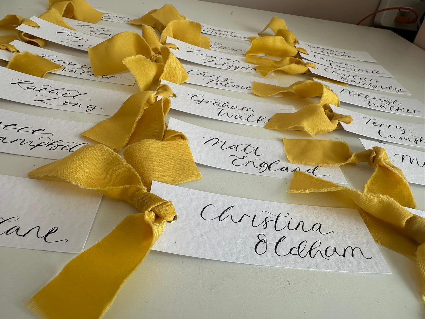 HAMMERED White + LEMON Yellow Chiffon Ribbon Calligraphy Place Name Card | Calligraphy Wedding Place Name Card | Gold or Silver Eyelet Place Card