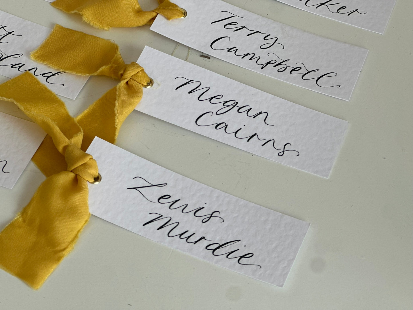 HAMMERED White + LEMON Yellow Chiffon Ribbon Calligraphy Place Name Card | Calligraphy Wedding Place Name Card | Gold or Silver Eyelet Place Card