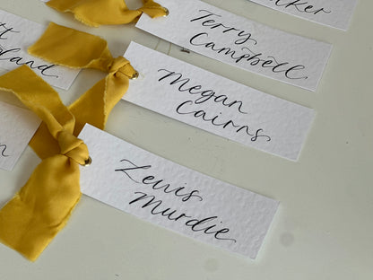 HAMMERED White + LEMON Yellow Chiffon Ribbon Calligraphy Place Name Card | Calligraphy Wedding Place Name Card | Gold or Silver Eyelet Place Card