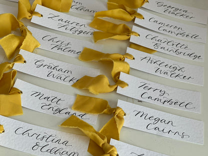HAMMERED White + LEMON Yellow Chiffon Ribbon Calligraphy Place Name Card | Calligraphy Wedding Place Name Card | Gold or Silver Eyelet Place Card