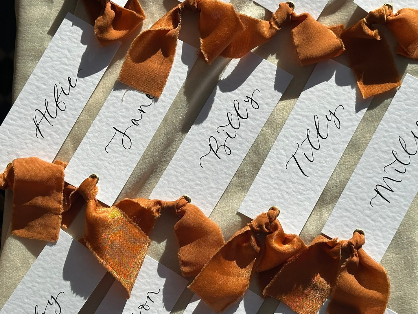 HAMMERED White + OCHRE Chiffon Ribbon Calligraphy Place Name Card | Calligraphy Wedding Place Name Card | Gold or Silver Eyelet Place Card