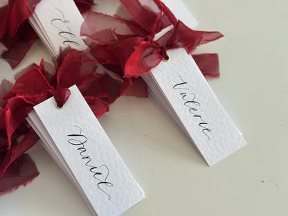 HAMMERED White + Wine Burgundy Organza Ribbon Calligraphy Place Name Card | Calligraphy Wedding Place Name Card | Gold or Silver Eyelet Place Card