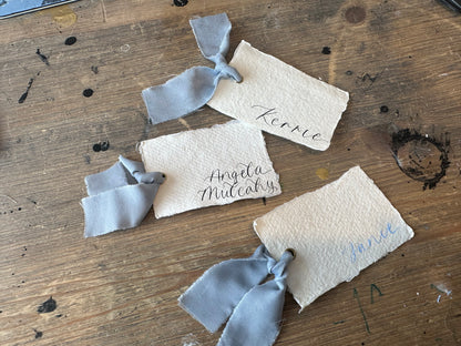 HANDMADE PAPER + DUSKY BLUE Place Card Chiffon Ribbon | Calligraphy Wedding Place Name Card | Gold or Silver Eyelet