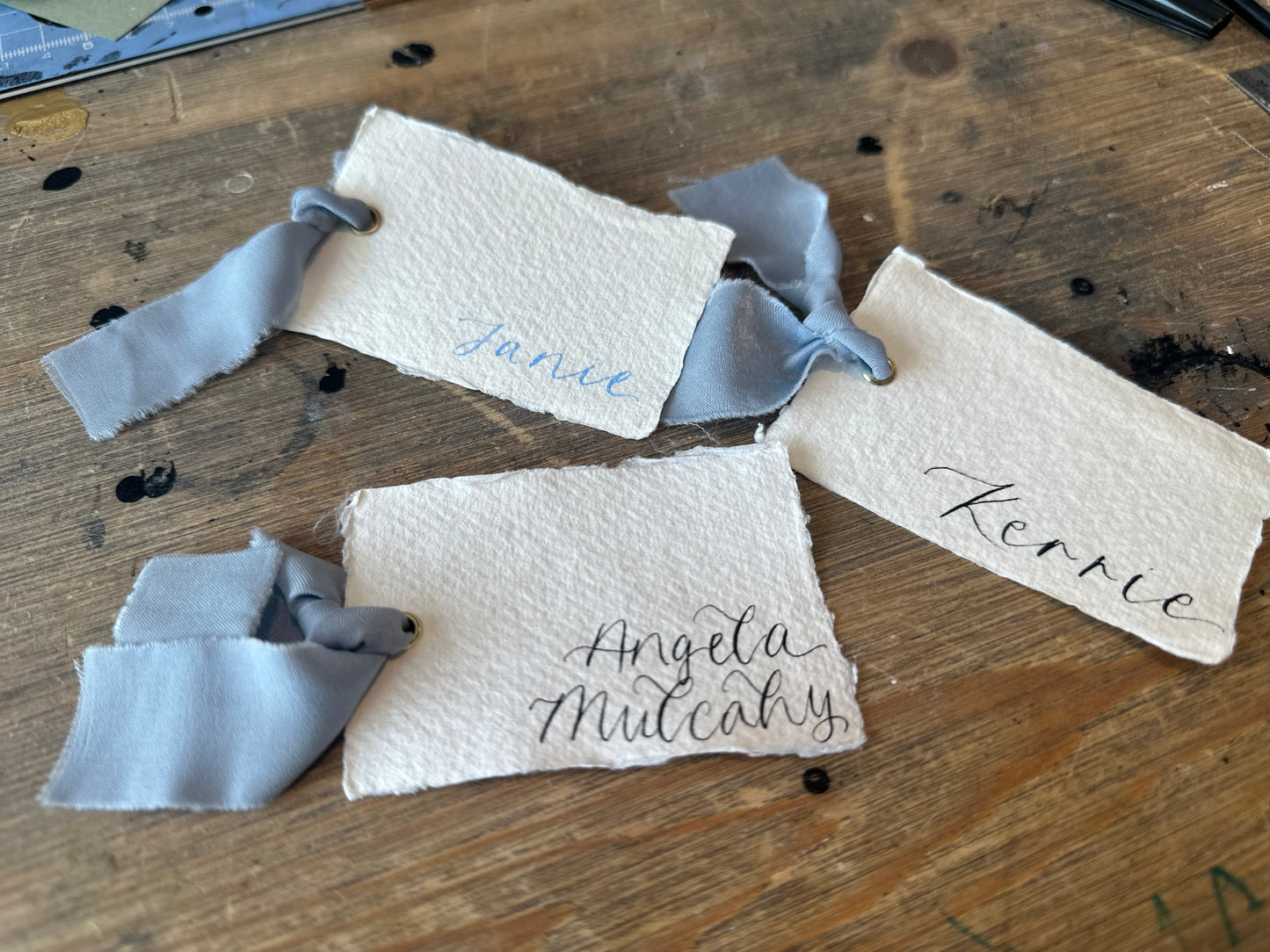 HANDMADE PAPER + DUSKY BLUE Place Card Chiffon Ribbon | Calligraphy Wedding Place Name Card | Gold or Silver Eyelet