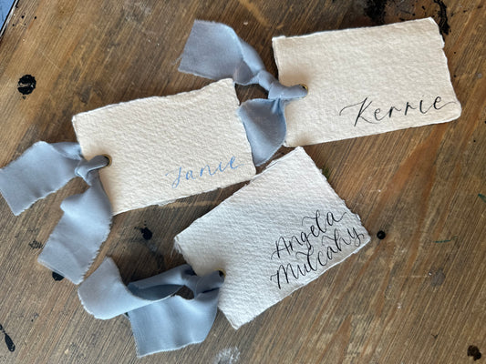 HANDMADE PAPER + DUSKY BLUE Place Card Chiffon Ribbon | Calligraphy Wedding Place Name Card | Gold or Silver Eyelet