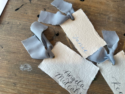 HANDMADE PAPER + DUSKY BLUE Place Card Chiffon Ribbon | Calligraphy Wedding Place Name Card | Gold or Silver Eyelet