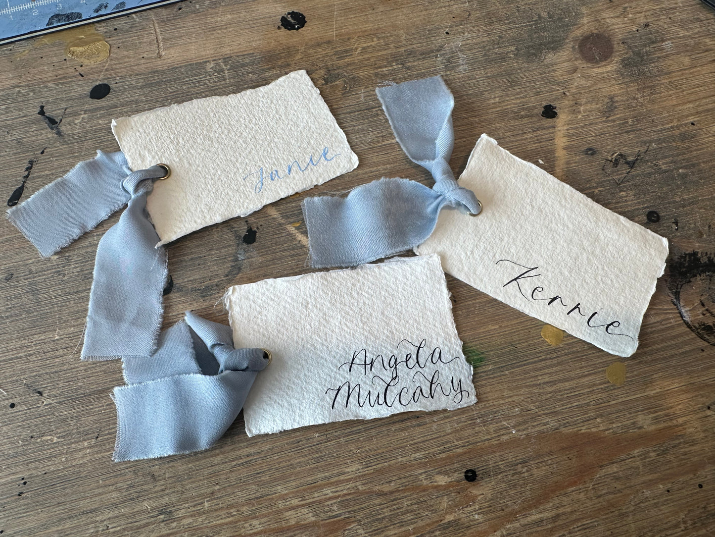 HANDMADE PAPER + DUSKY BLUE Place Card Chiffon Ribbon | Calligraphy Wedding Place Name Card | Gold or Silver Eyelet