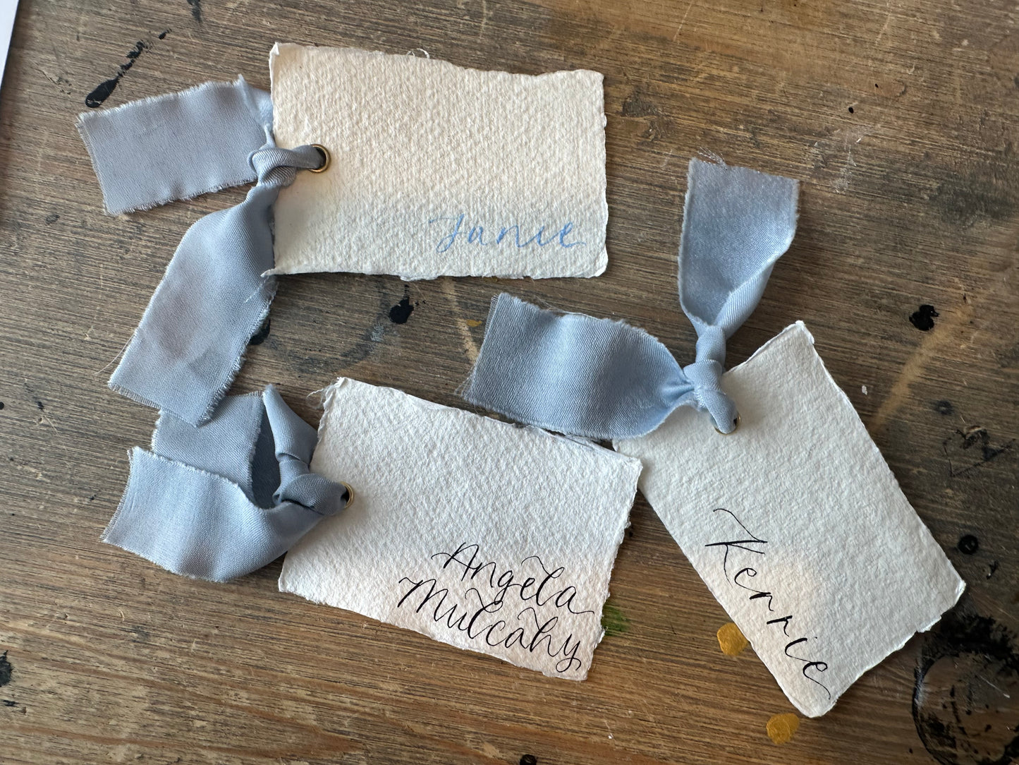 HANDMADE PAPER Place Card Chiffon Ribbon | Calligraphy Wedding Place Name Card | Gold or Silver Eyelet
