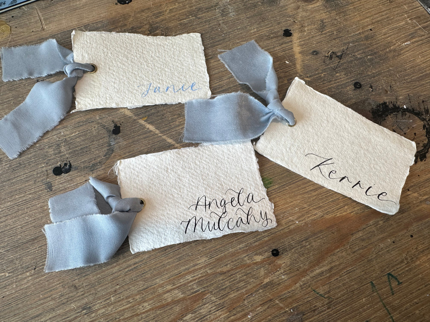 HANDMADE PAPER + DUSKY BLUE Place Card Chiffon Ribbon | Calligraphy Wedding Place Name Card | Gold or Silver Eyelet