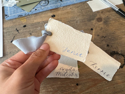 HANDMADE PAPER + DUSKY BLUE Place Card Chiffon Ribbon | Calligraphy Wedding Place Name Card | Gold or Silver Eyelet