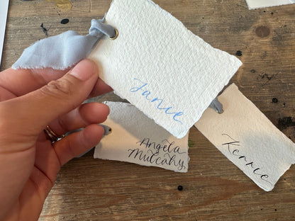 HANDMADE PAPER + DUSKY BLUE Place Card Chiffon Ribbon | Calligraphy Wedding Place Name Card | Gold or Silver Eyelet