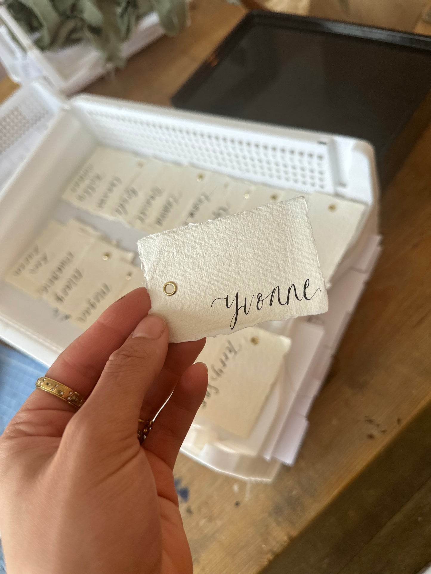 Handmade Paper Calligraphy Place Card with Eyelet | Deckle Edge Cotton Rag DIY Add Own Ribbon Wedding Place Name Card
