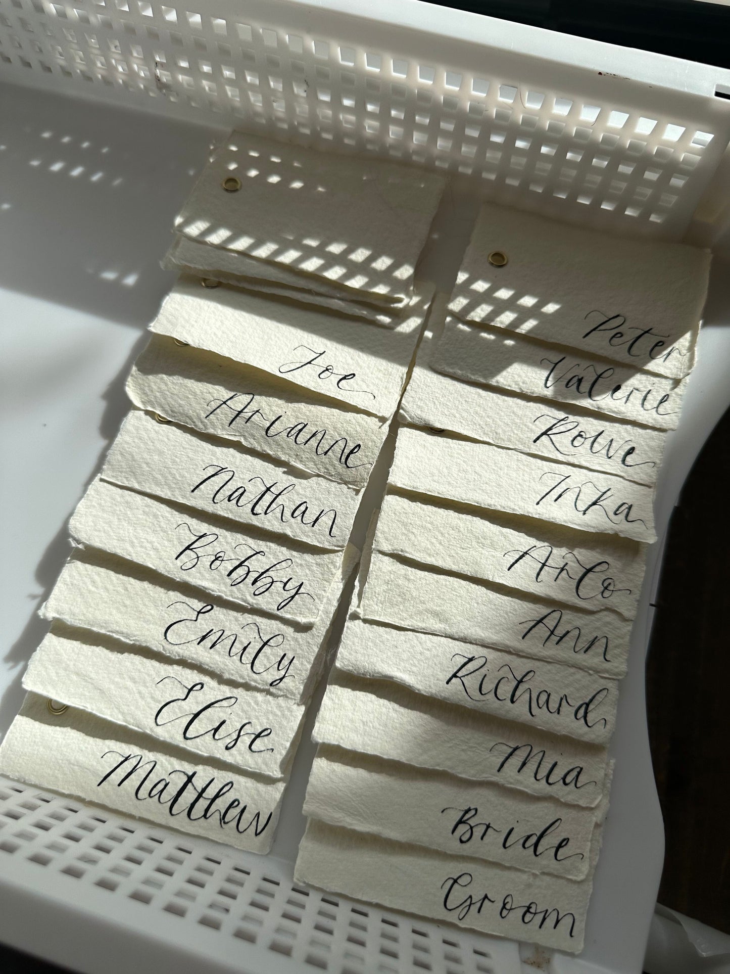 Handmade Paper Calligraphy Place Card with Eyelet | Deckle Edge Cotton Rag DIY Add Own Ribbon Wedding Place Name Card