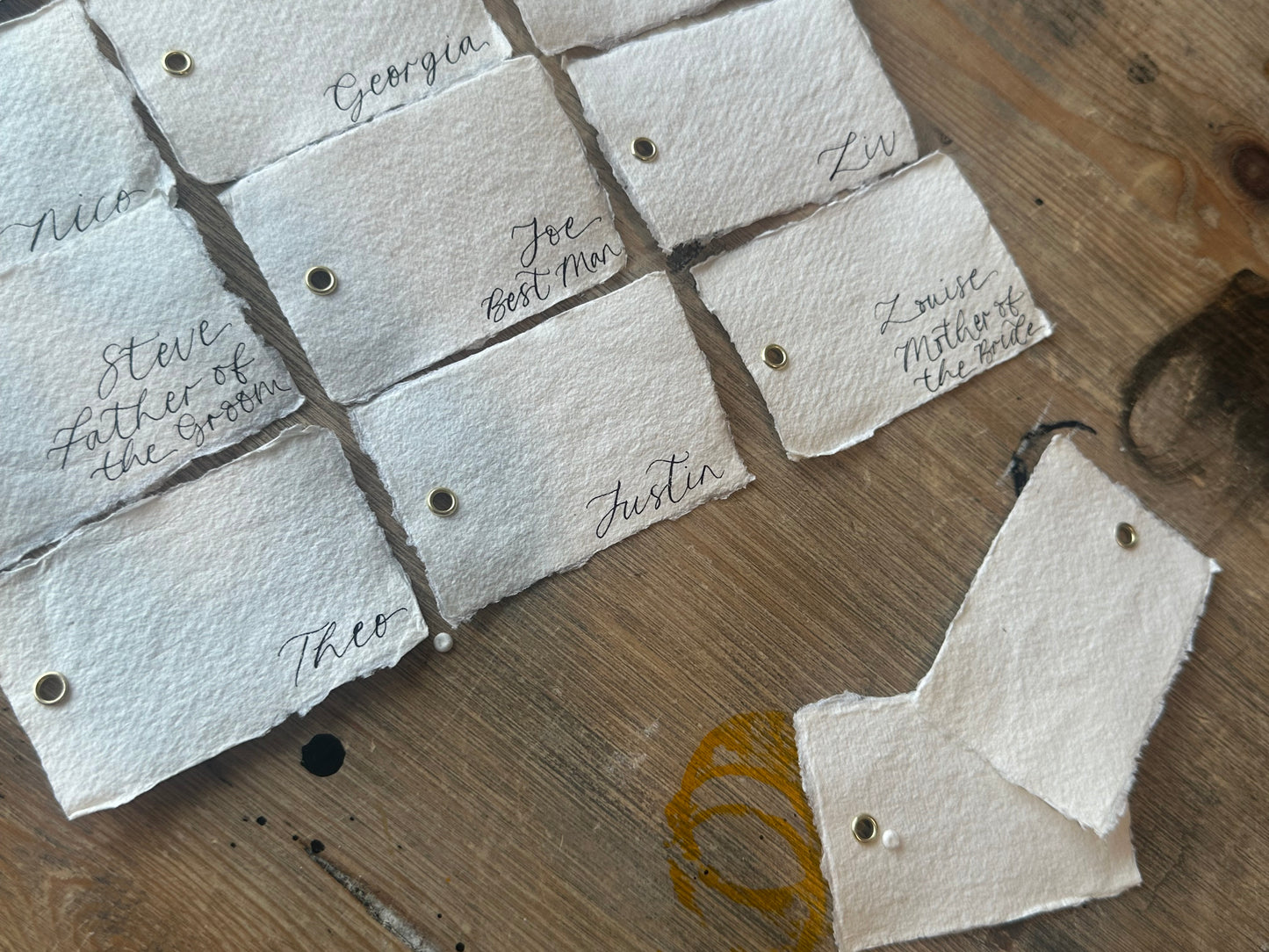 Handmade Paper Calligraphy Place Card with Eyelet | Deckle Edge Cotton Rag DIY Add Own Ribbon Wedding Place Name Card