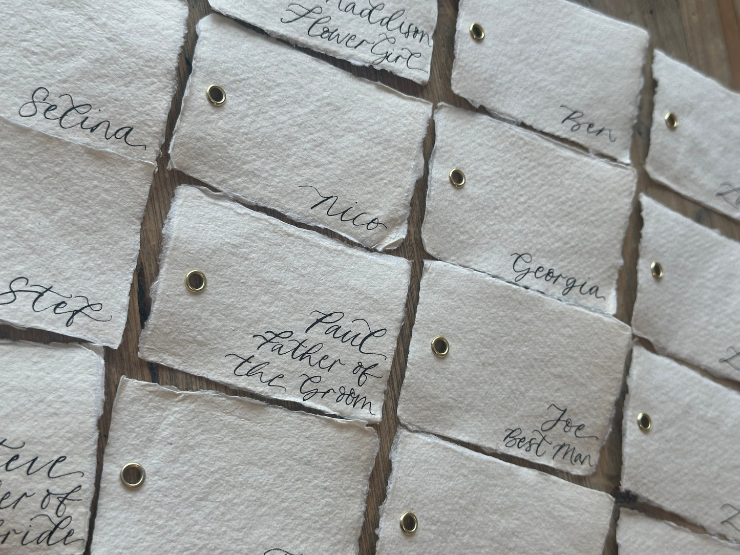Handmade Paper Calligraphy Place Card with Eyelet | Deckle Edge Cotton Rag DIY Add Own Ribbon Wedding Place Name Card