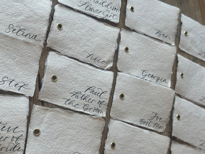 Handmade Paper Calligraphy Place Card with Eyelet | Deckle Edge Cotton Rag DIY Add Own Ribbon Wedding Place Name Card