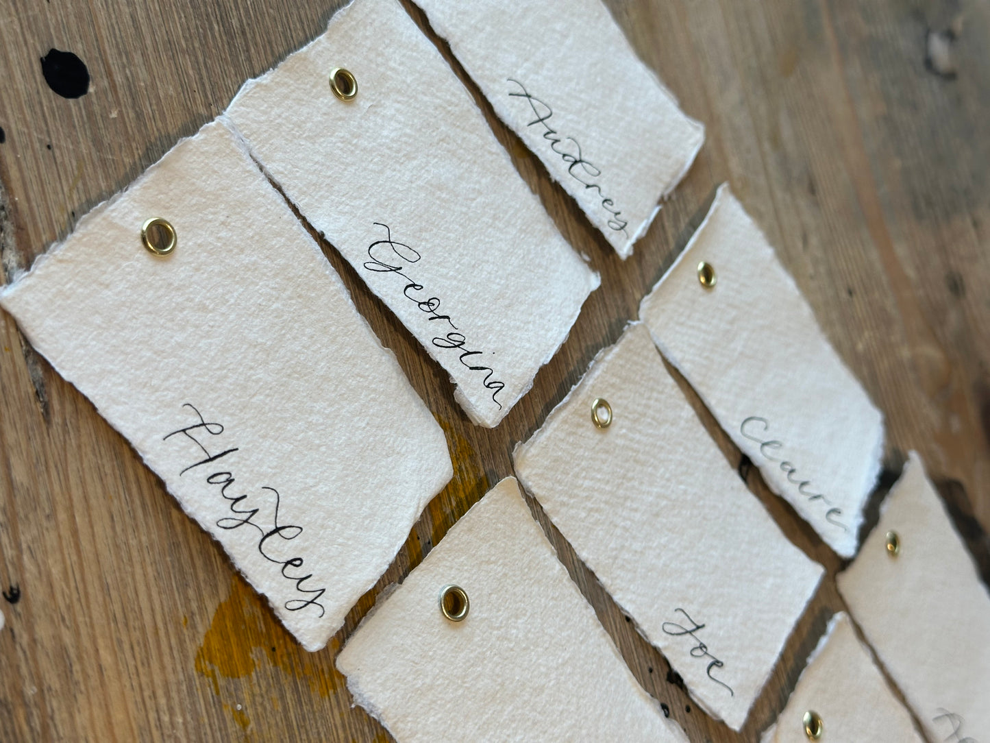 Handmade Paper Calligraphy Place Card with Eyelet | Deckle Edge Cotton Rag DIY Add Own Ribbon Wedding Place Name Card
