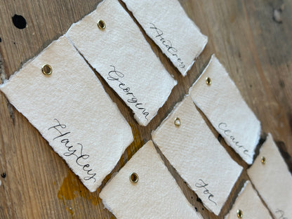 Handmade Paper Calligraphy Place Card with Eyelet | Deckle Edge Cotton Rag DIY Add Own Ribbon Wedding Place Name Card