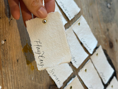 Handmade Paper Calligraphy Place Card with Eyelet | Deckle Edge Cotton Rag DIY Add Own Ribbon Wedding Place Name Card