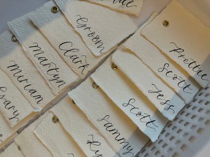 Handmade Paper Calligraphy Place Card with Eyelet | Deckle Edge Cotton Rag DIY Add Own Ribbon Wedding Place Name Card