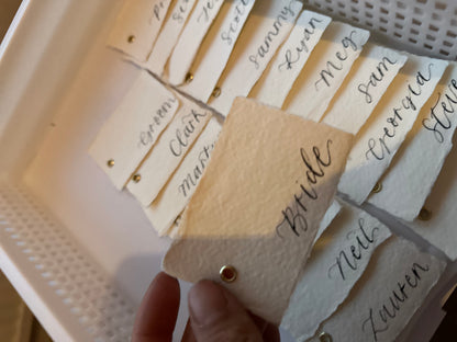 Handmade Paper Calligraphy Place Card with Eyelet | Deckle Edge Cotton Rag DIY Add Own Ribbon Wedding Place Name Card