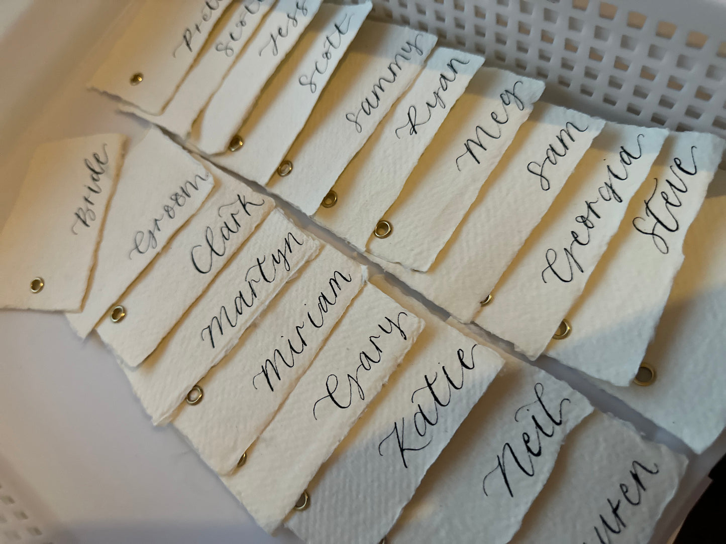Handmade Paper Calligraphy Place Card with Eyelet | Deckle Edge Cotton Rag DIY Add Own Ribbon Wedding Place Name Card
