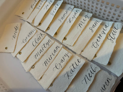Handmade Paper Calligraphy Place Card with Eyelet | Deckle Edge Cotton Rag DIY Add Own Ribbon Wedding Place Name Card