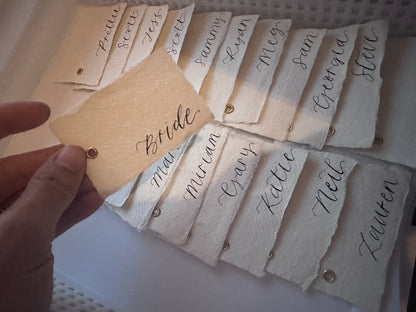 Handmade Paper Calligraphy Place Card with Eyelet | Deckle Edge Cotton Rag DIY Add Own Ribbon Wedding Place Name Card