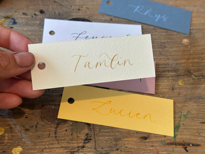Custom Card Calligraphy Place Card with Hole Punch | Neutral DIY Add Own Ribbon Wedding Place Name Card