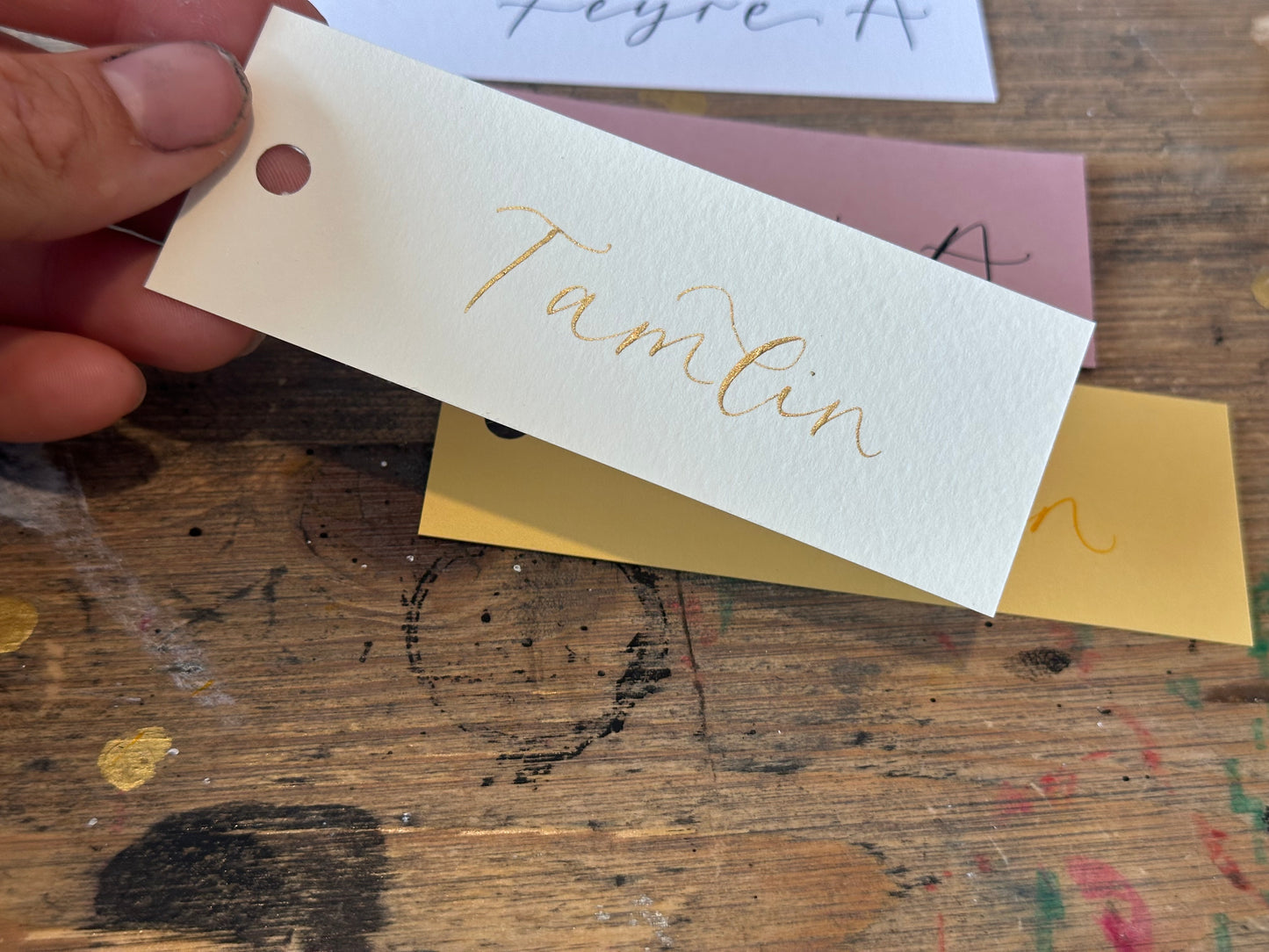 Custom Card Calligraphy Place Card with Hole Punch | Neutral DIY Add Own Ribbon Wedding Place Name Card