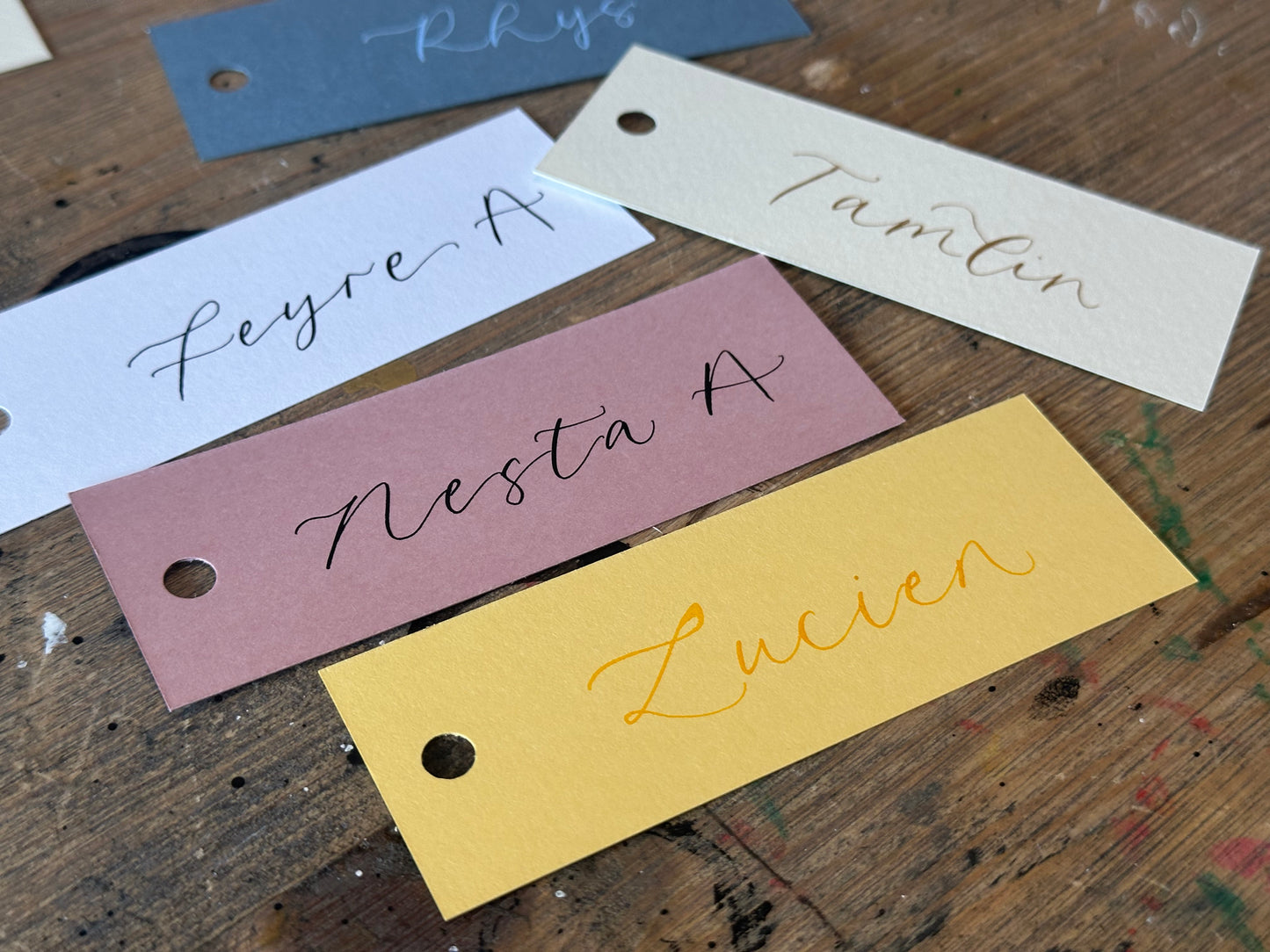 Custom Card Calligraphy Place Card with Hole Punch | Neutral DIY Add Own Ribbon Wedding Place Name Card