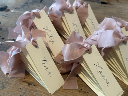 Ivory Blush Chiffon Wedding Place Cards with Ribbon | Calligraphy Place Cards