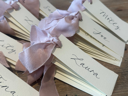 Ivory Blush Chiffon Wedding Place Cards with Ribbon | Calligraphy Place Cards