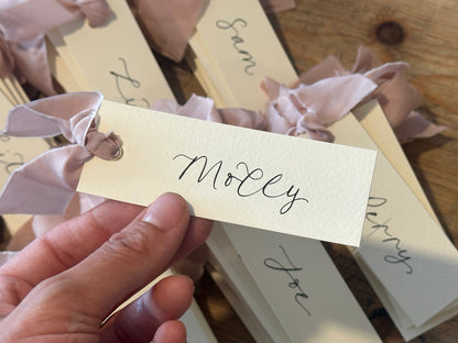 Ivory Blush Chiffon Wedding Place Cards with Ribbon | Calligraphy Place Cards