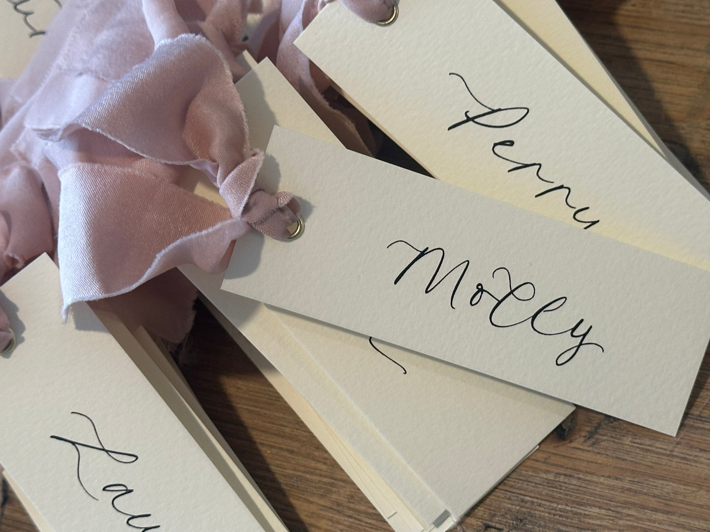 Ivory Blush Chiffon Wedding Place Cards with Ribbon | Calligraphy Place Cards