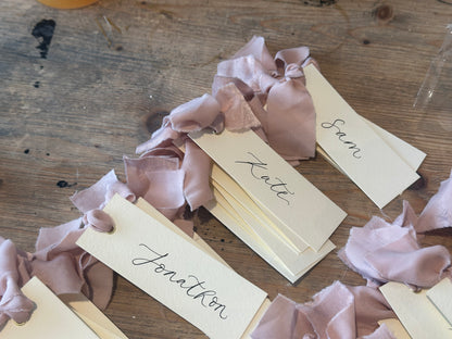 Ivory Blush Chiffon Wedding Place Cards with Ribbon | Calligraphy Place Cards