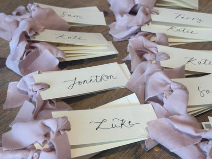 Ivory Blush Chiffon Wedding Place Cards with Ribbon | Calligraphy Place Cards