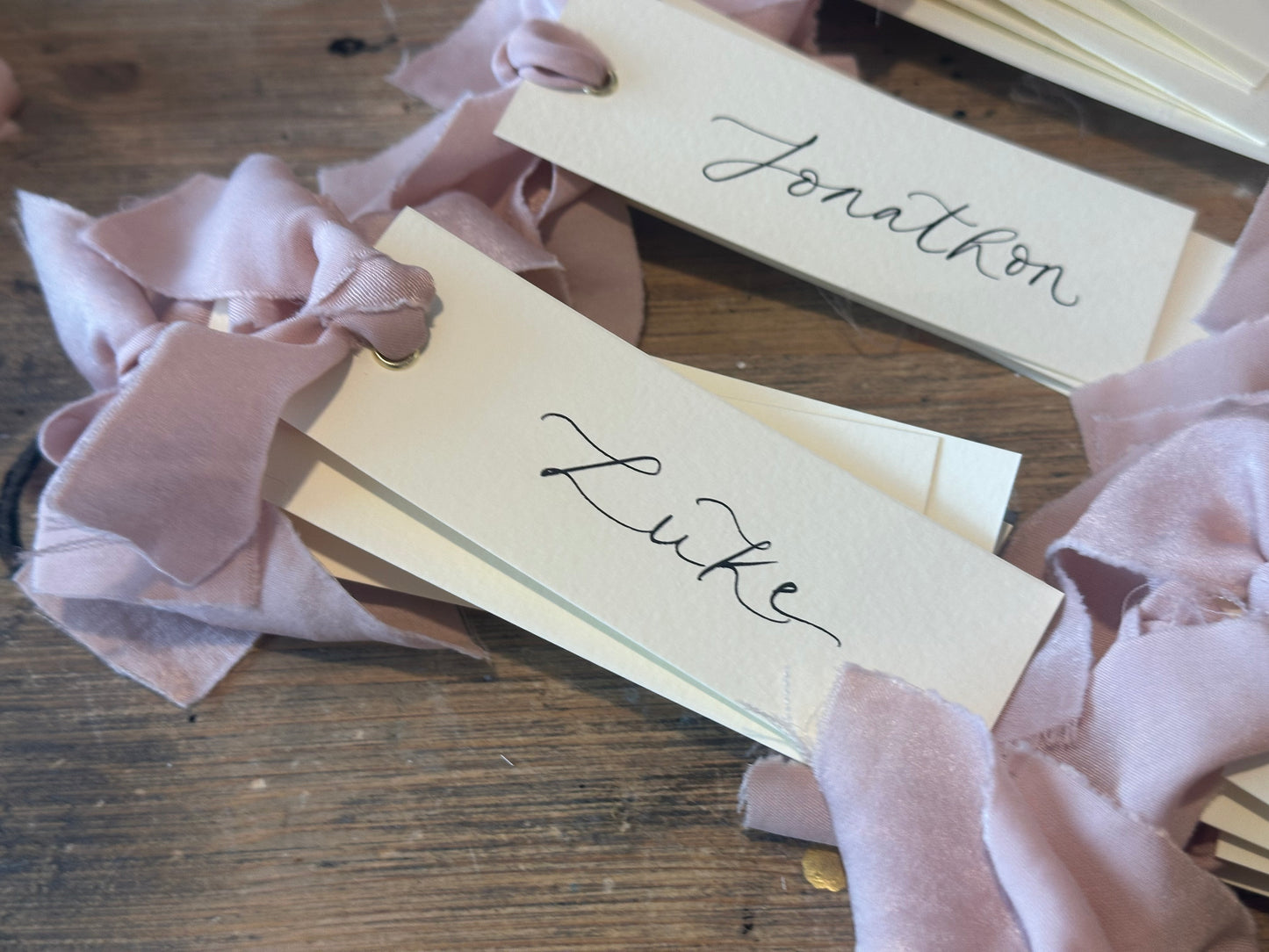 Ivory Blush Chiffon Wedding Place Cards with Ribbon | Calligraphy Place Cards