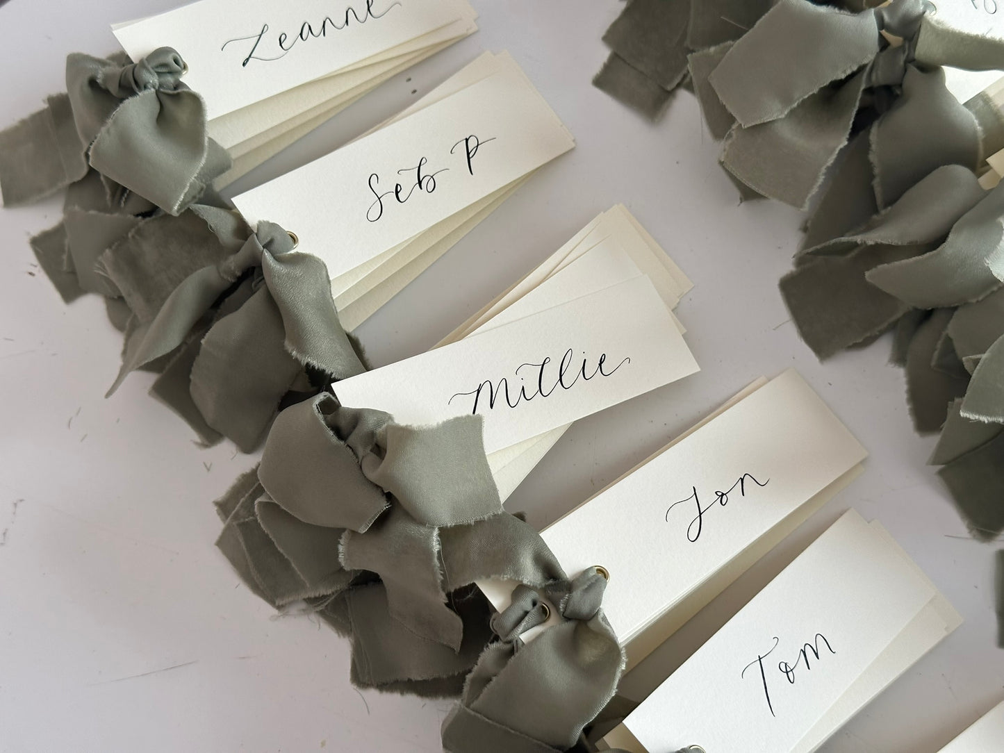 IVORY + EUCALYPTUS Green Chiffon Ribbon Calligraphy Place Name Card | Calligraphy Wedding Place Name Card | Gold or Silver Eyelet