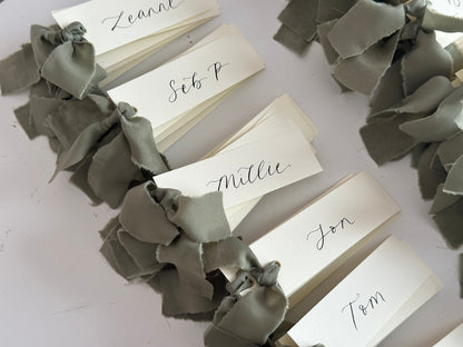 IVORY + EUCALYPTUS Green Chiffon Ribbon Calligraphy Place Name Card | Calligraphy Wedding Place Name Card | Gold or Silver Eyelet