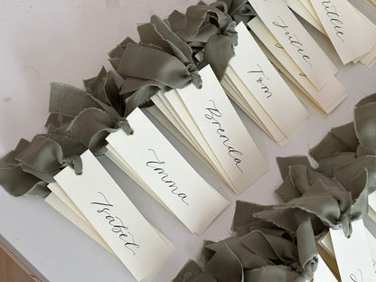 IVORY + EUCALYPTUS Green Chiffon Ribbon Calligraphy Place Name Card | Calligraphy Wedding Place Name Card | Gold or Silver Eyelet