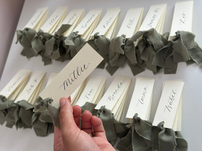 IVORY + EUCALYPTUS Green Chiffon Ribbon Calligraphy Place Name Card | Calligraphy Wedding Place Name Card | Gold or Silver Eyelet