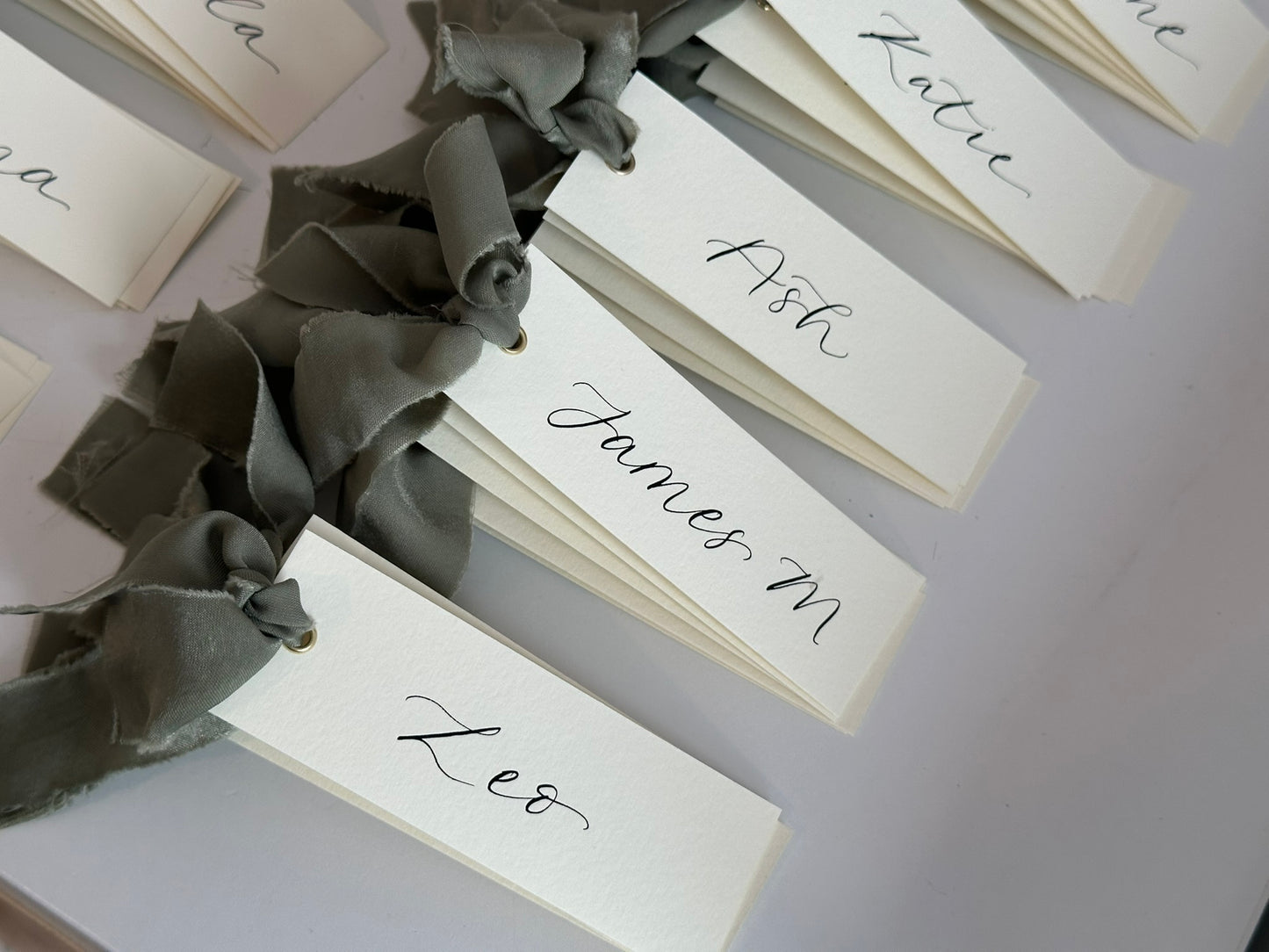IVORY + EUCALYPTUS Green Chiffon Ribbon Calligraphy Place Name Card | Calligraphy Wedding Place Name Card | Gold or Silver Eyelet